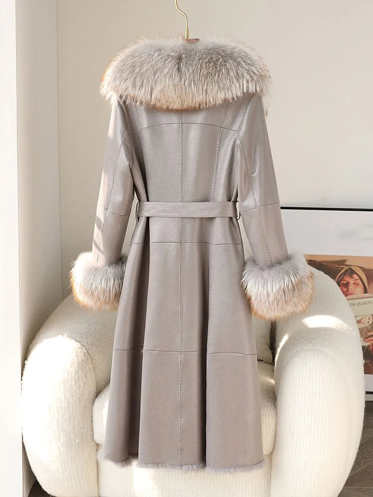 Genuine Leather Long Coats Real Fur Lining Collar& Cuffs