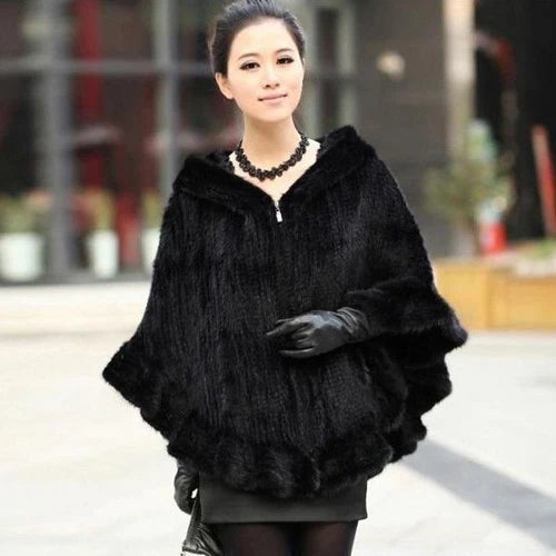 Knitted Real Mink Fur Hooded Ponchos