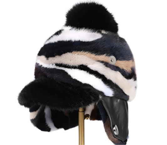 Colorful Real Mink Fur Bomber Hats Fur Pompoms