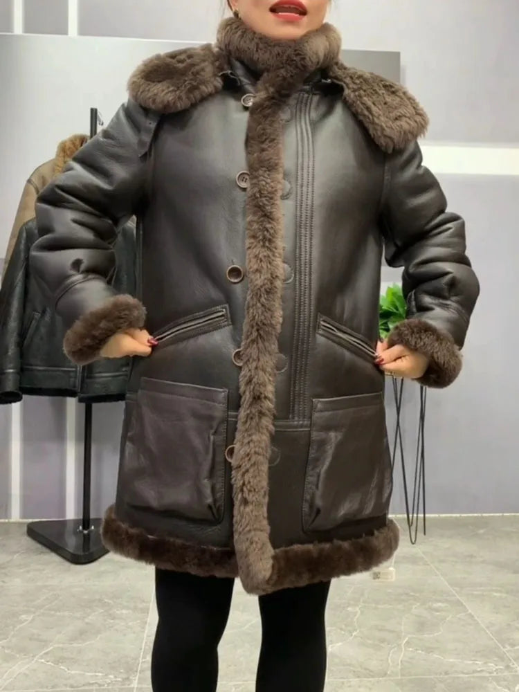 Genuine Leather Real Shearling Long Fur Coat