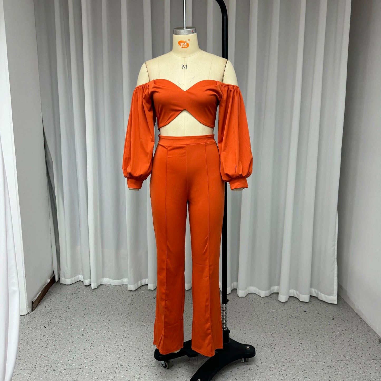 Off Shoulder Lantern Sleeve Crop & Loose Pants Sets