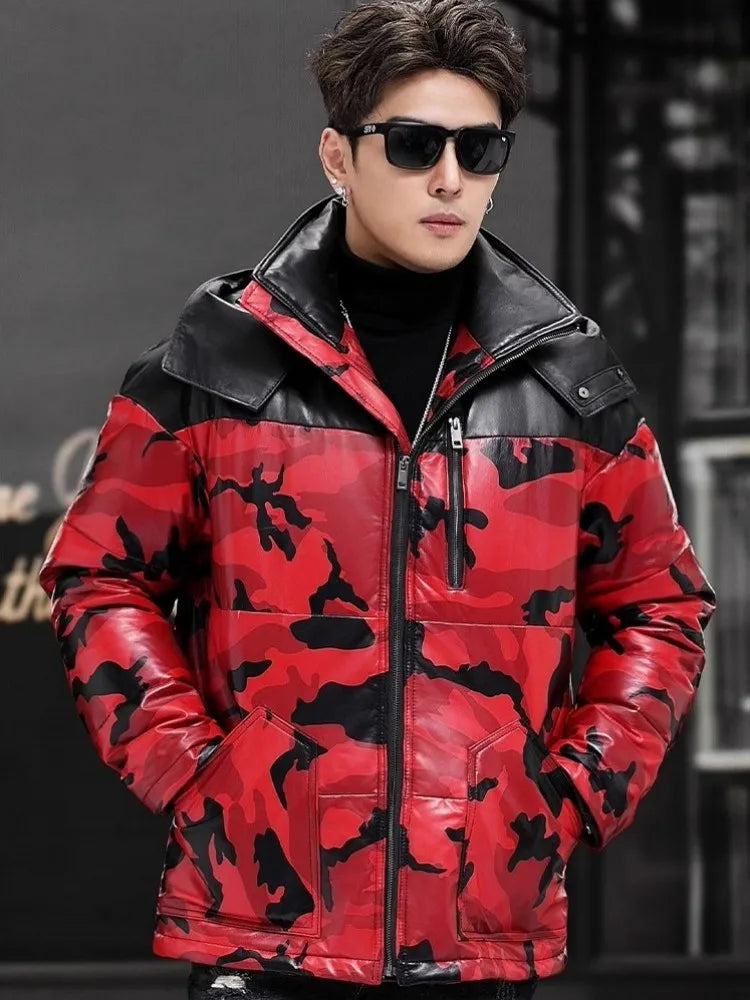 Red Camo Genuine Leather Down Coat