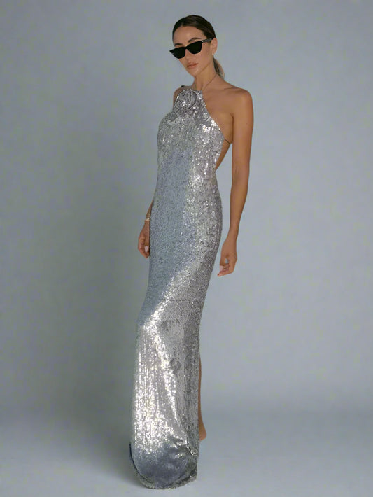 3D Flower Silver Sequin Halter Backless Long Dress