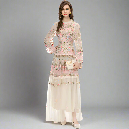 Vintage Mesh Lantern Sleeve Long Dresses