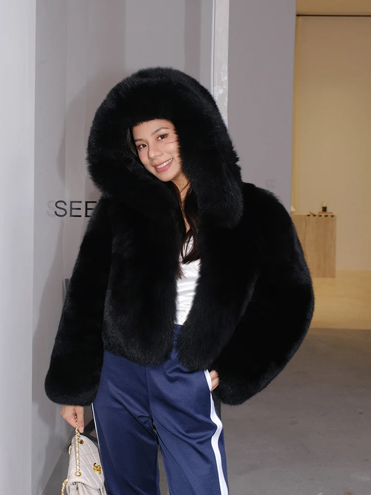 Luxury Natural Hooded Real Fox Fur Coats