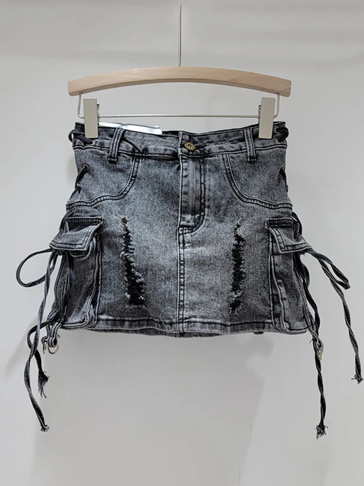 Denim Skirt Lace-up Ripped Cargo Mini Skirt