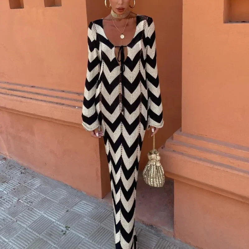 Striped Knitted Long Sleeve Long Dress