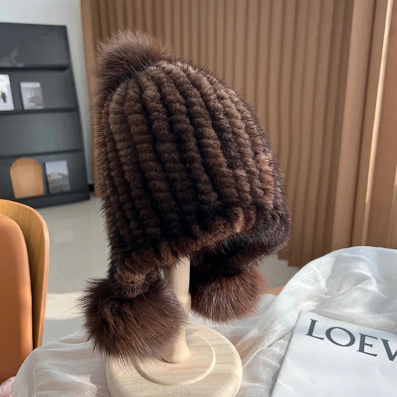 Knitted Spiral Real Mink Fur Beanies Cap Fur Pompom