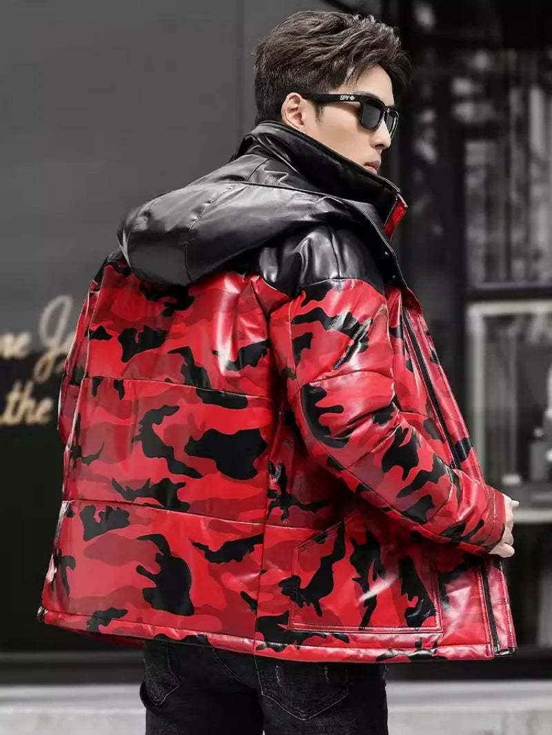 Red Camo Genuine Leather Down Coat