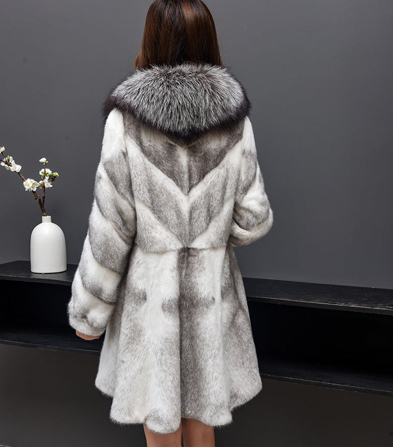 Real Mink Fur Coat Fox Fur Collar Mid-length