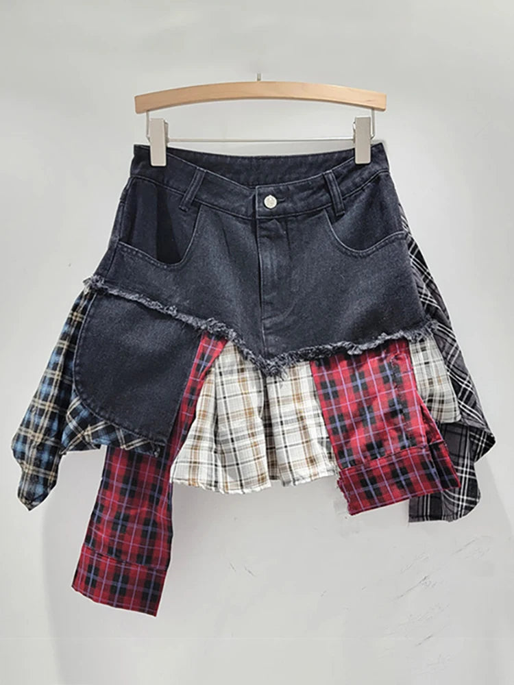 Denim Plaid Patchwork Irregular Mini Skirts