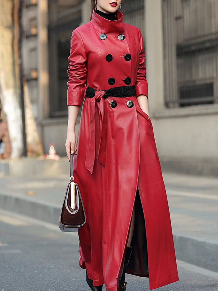 Long Red Pu Leather Trench Coats