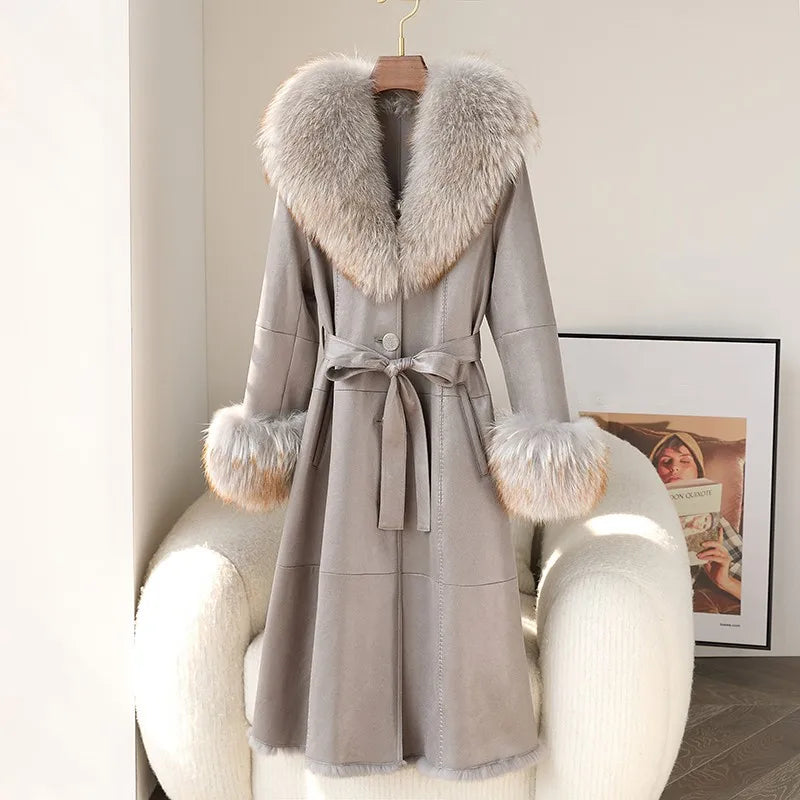 Genuine Leather Long Coats Real Fur Lining Collar& Cuffs