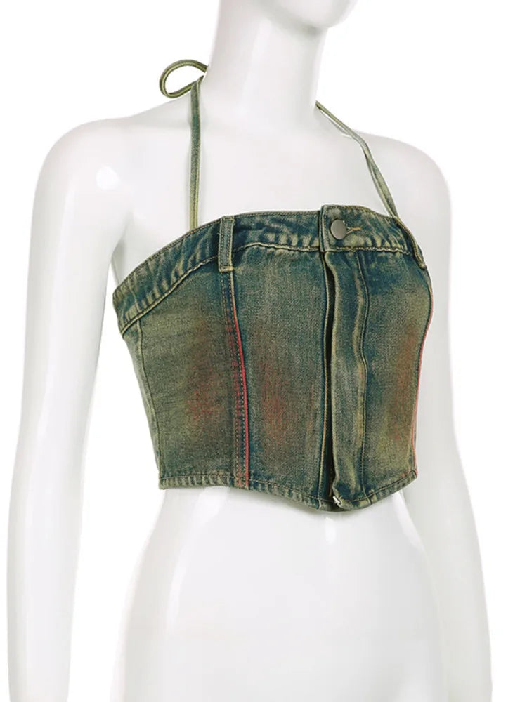 Halter Denim Tube Crop Top