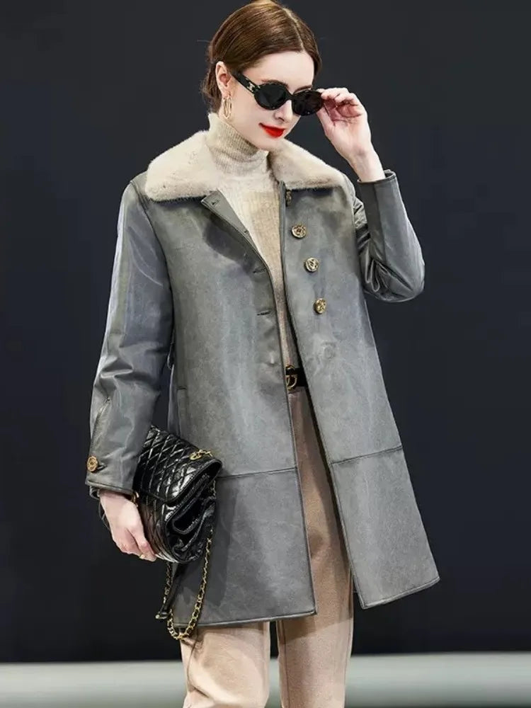 Genuine Leather Down Coat Mink Fur Collar