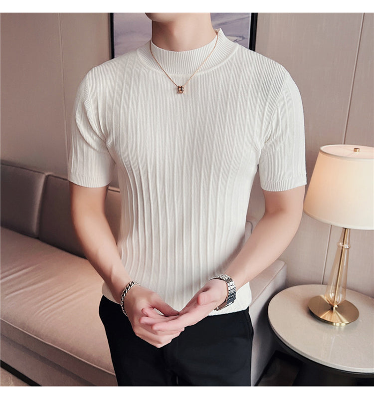 Ribbed Knitted Elasticity Half Collar T-Shirt