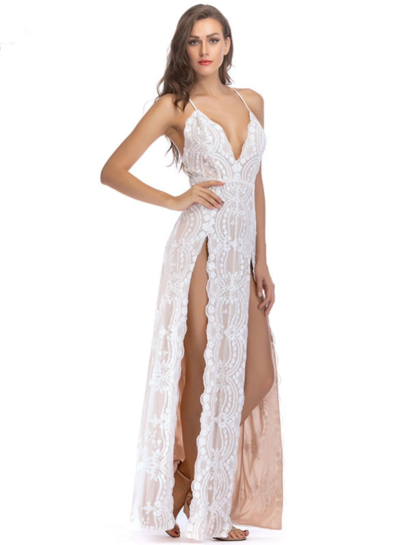 Spaghetti Strap Sequin Side Slit Maxi Dresses