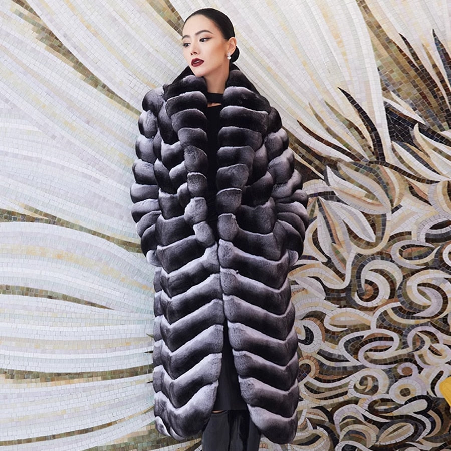 Luxury X-Long Real Fur Coat Chinchilla Style