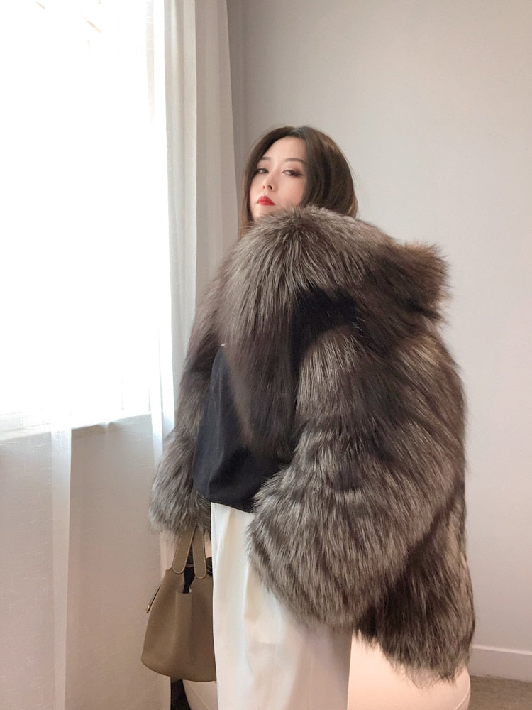 Luxury Dark Silver Real Fur Hooded Coat