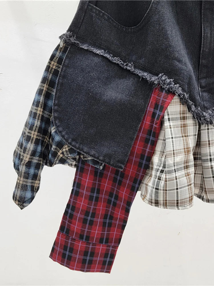 Denim Plaid Patchwork Irregular Mini Skirts