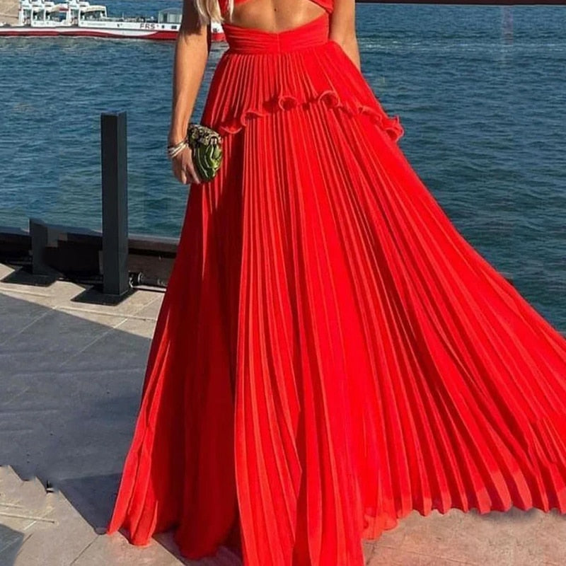 One Shoulder Long Sleeve Hollow Pleated Dress