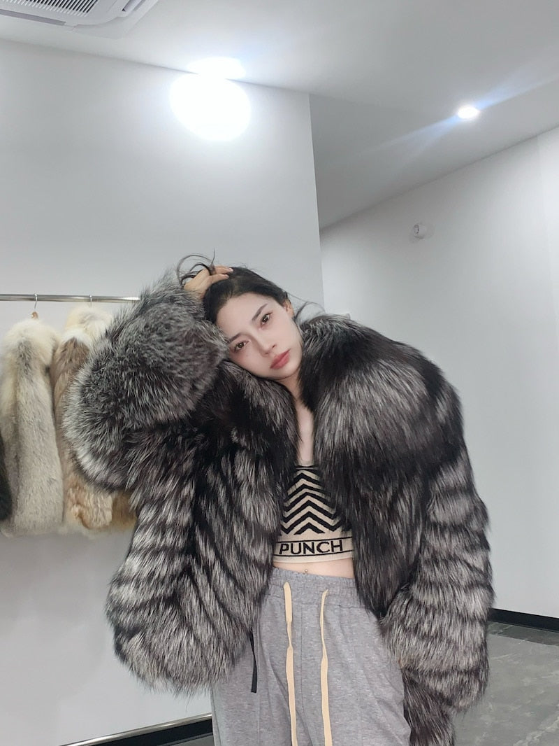 Dark Silver Big Collar Real Fur Coat