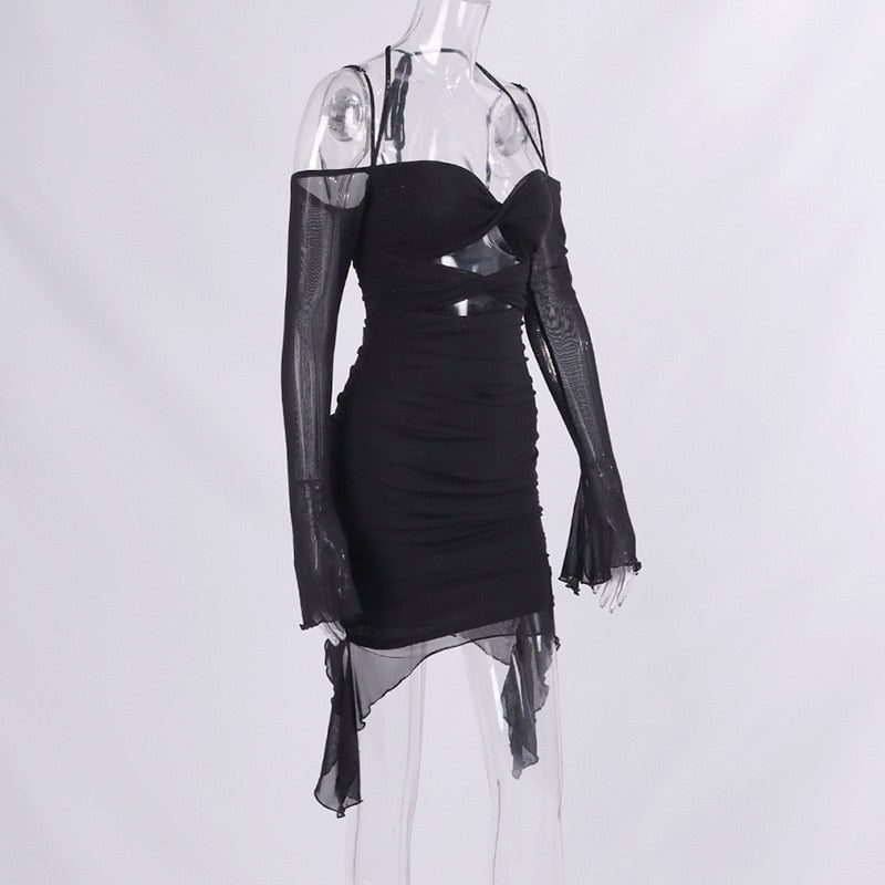 Mesh Sleeve Hollow Ruched Mini Dresses