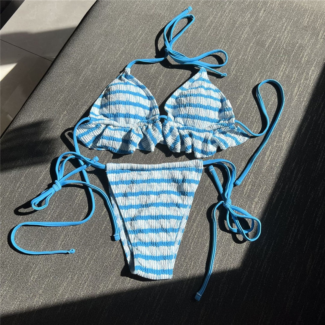 Striped Ruffled Sarong Bikini Set & Mini Skirt