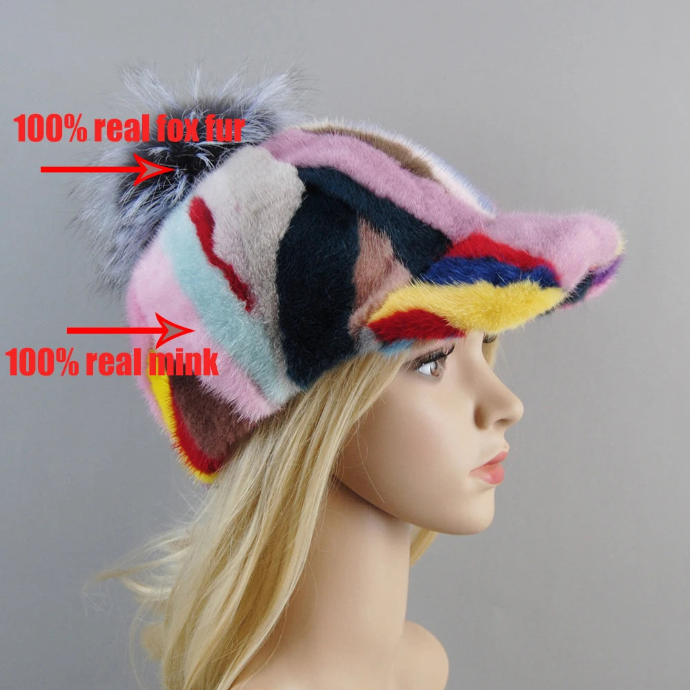 Colorful Real Mink Fur Bomber Hats Fur Pompom