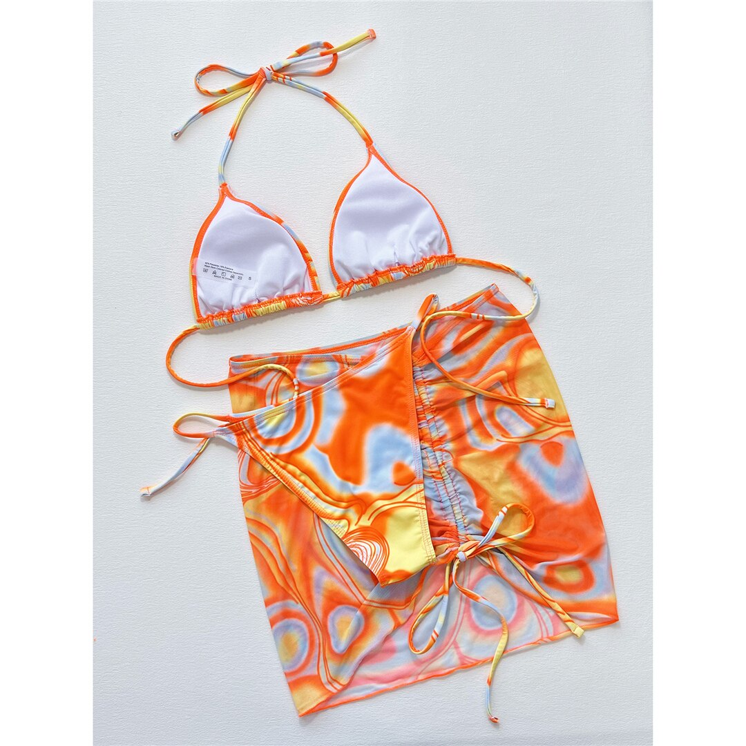 Tie Dye Style High Cut Bikini & Skirt 3pcs