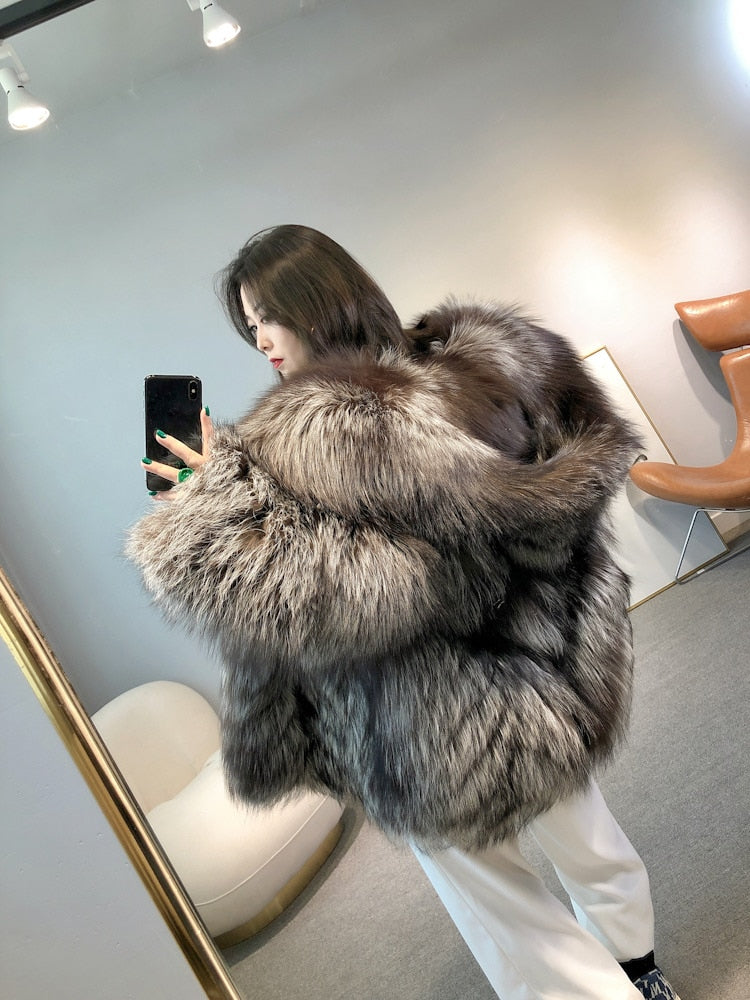 Luxury Dark Silver Real Fur Hooded Coat