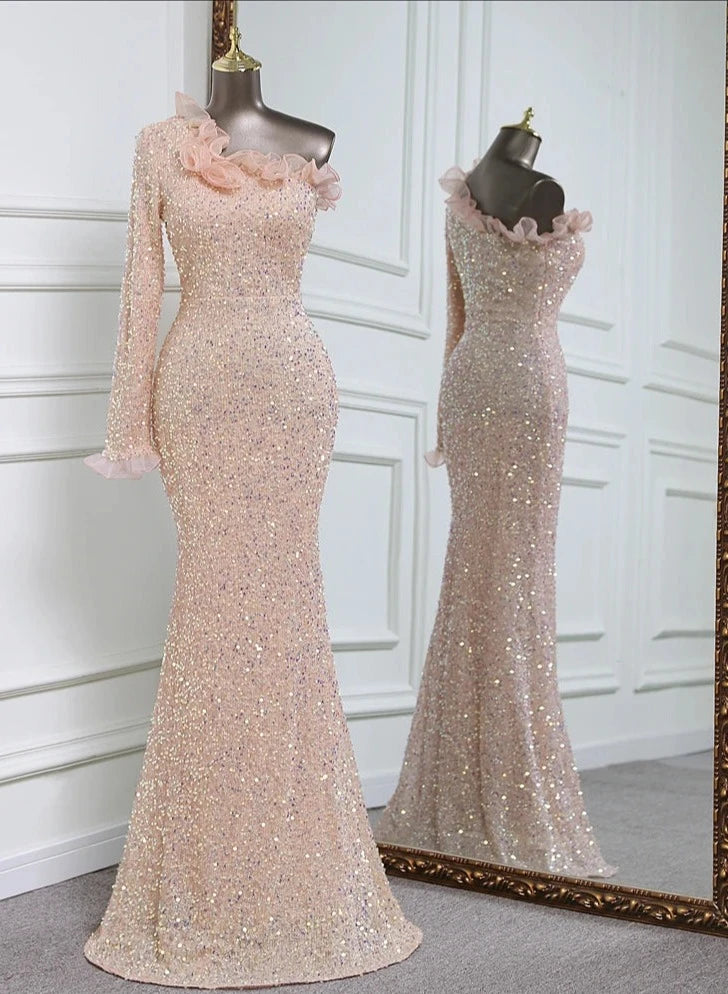 Sequins One Sleeve Lace Floor-Length Dresses