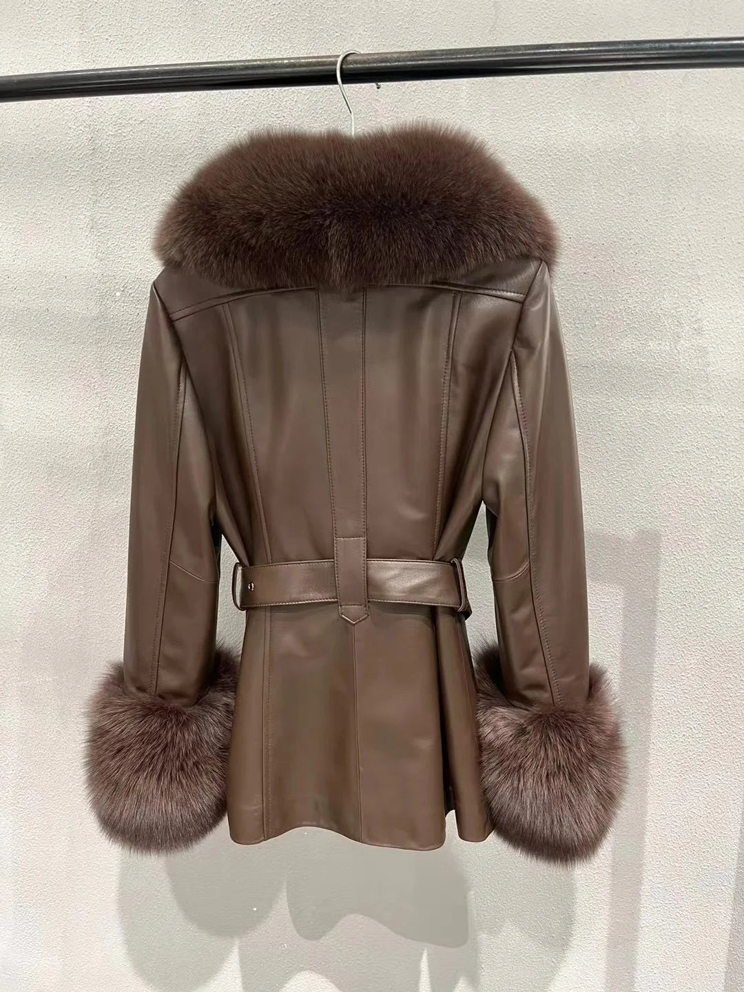 Genuine Leather Blazer Real Fur Collar and Cuffs