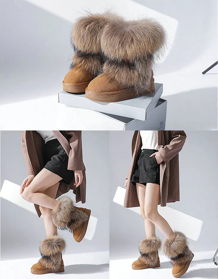 Genuine Leather Waterproof Snow Boots Real Fur