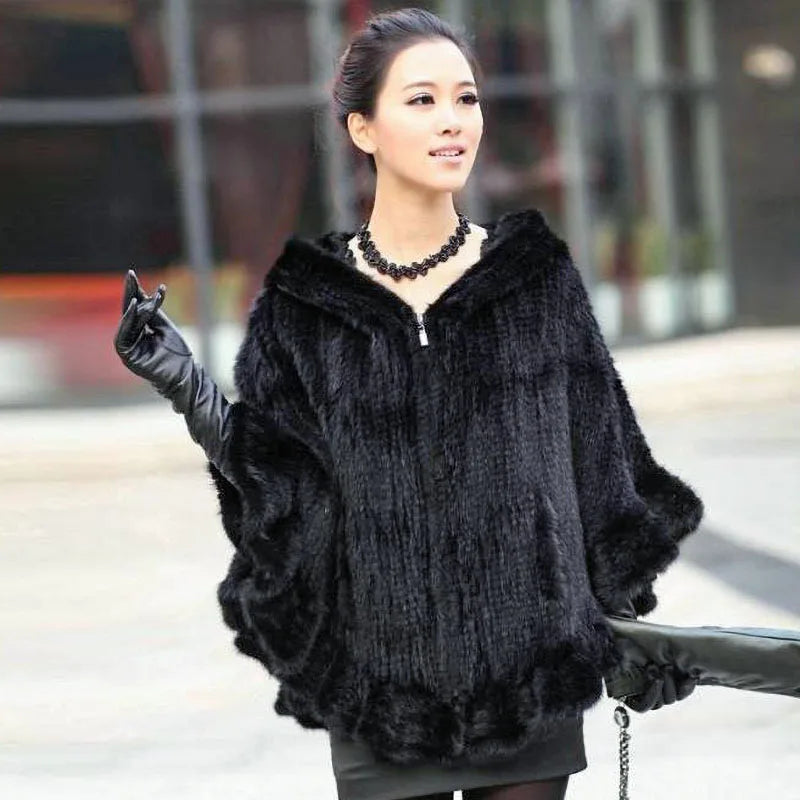 Knitted Real Mink Fur Hooded Ponchos