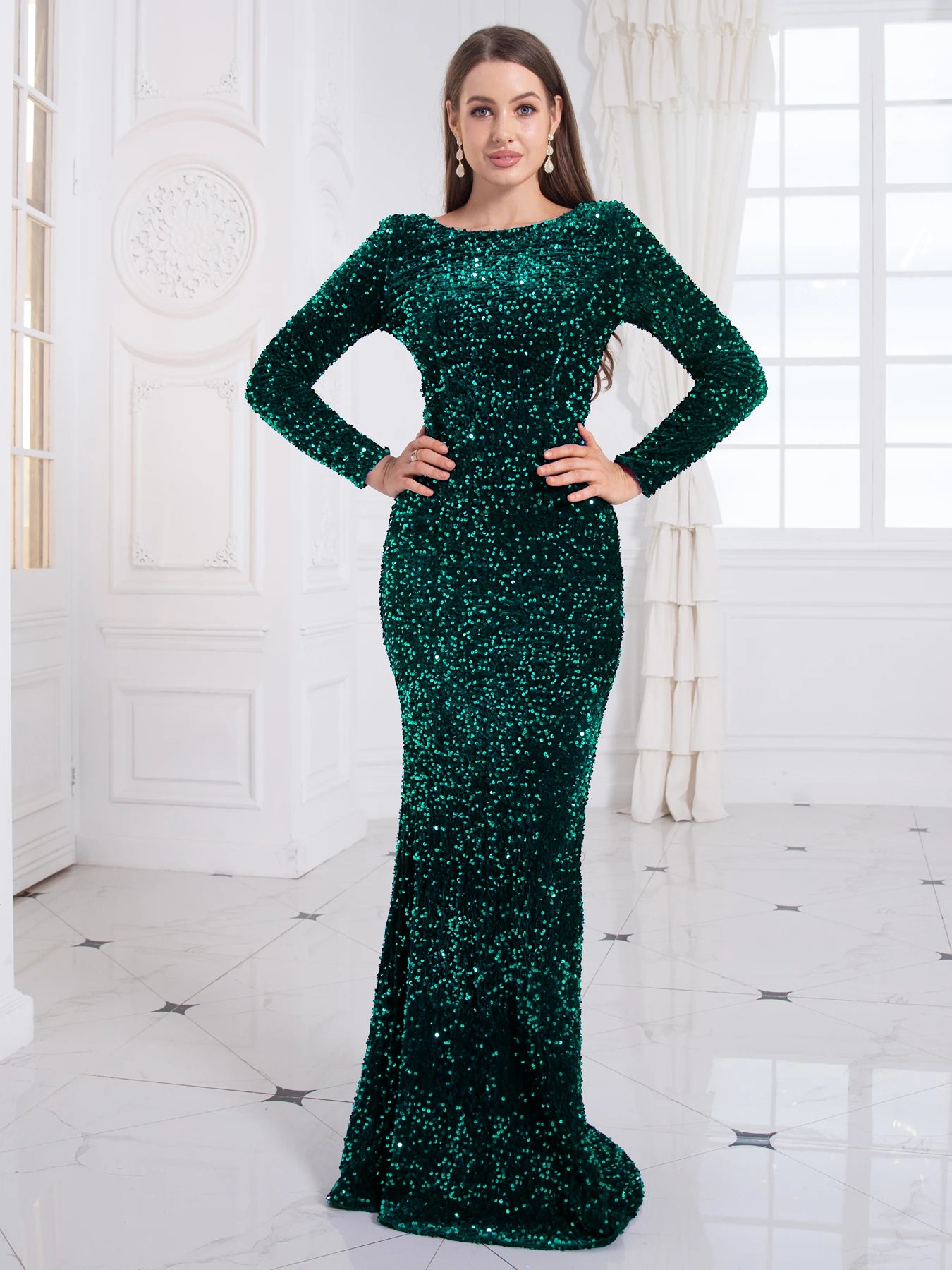 Sequin O Neck Sleeved Mermaid Long Dresses