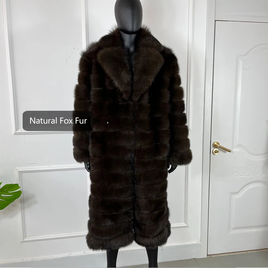 Brown Pattern Real Fox Fur Long Coat