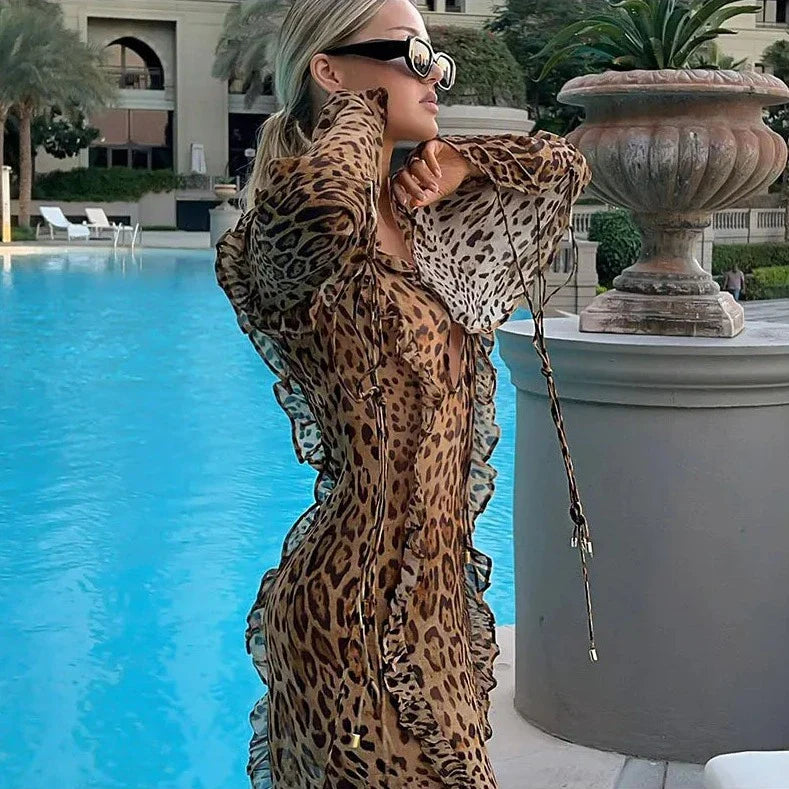 Leopard Print Ruffle Long Sleeve Dress