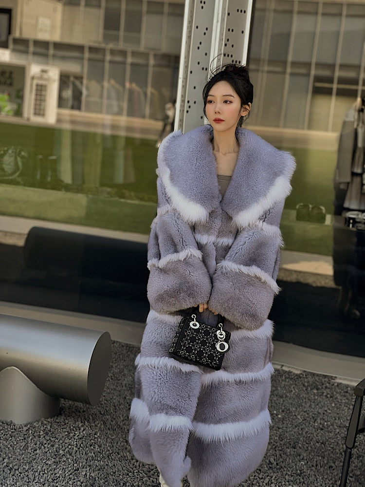 Luxury X-Long Fur Coat Detachable Big Fur Collar