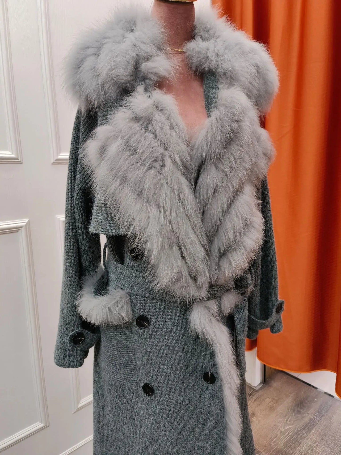 Real Fur Knitted Collar Long Wool Coats