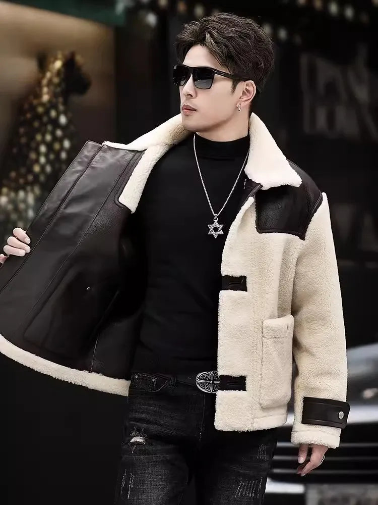 Genuine Leather Shearling Real Fur Short Coat