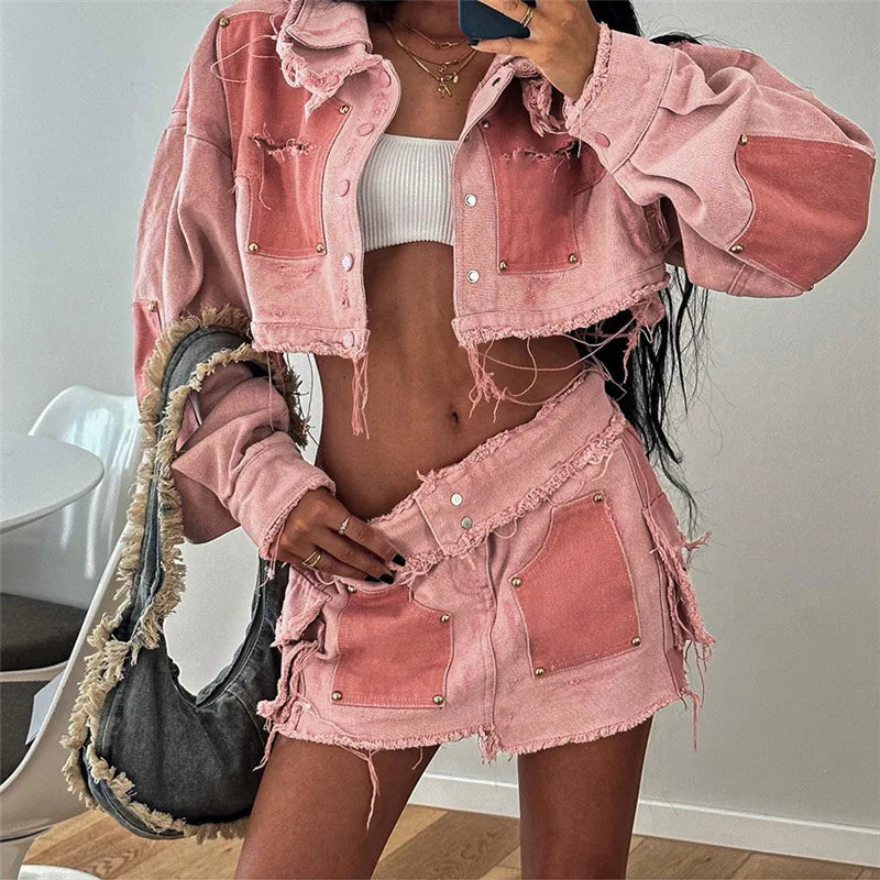 Tassel Jacket Crop Top & Mini Skirt Sets