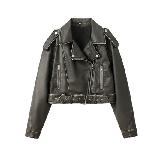 Short Moto PU Leather Jackets with Belt