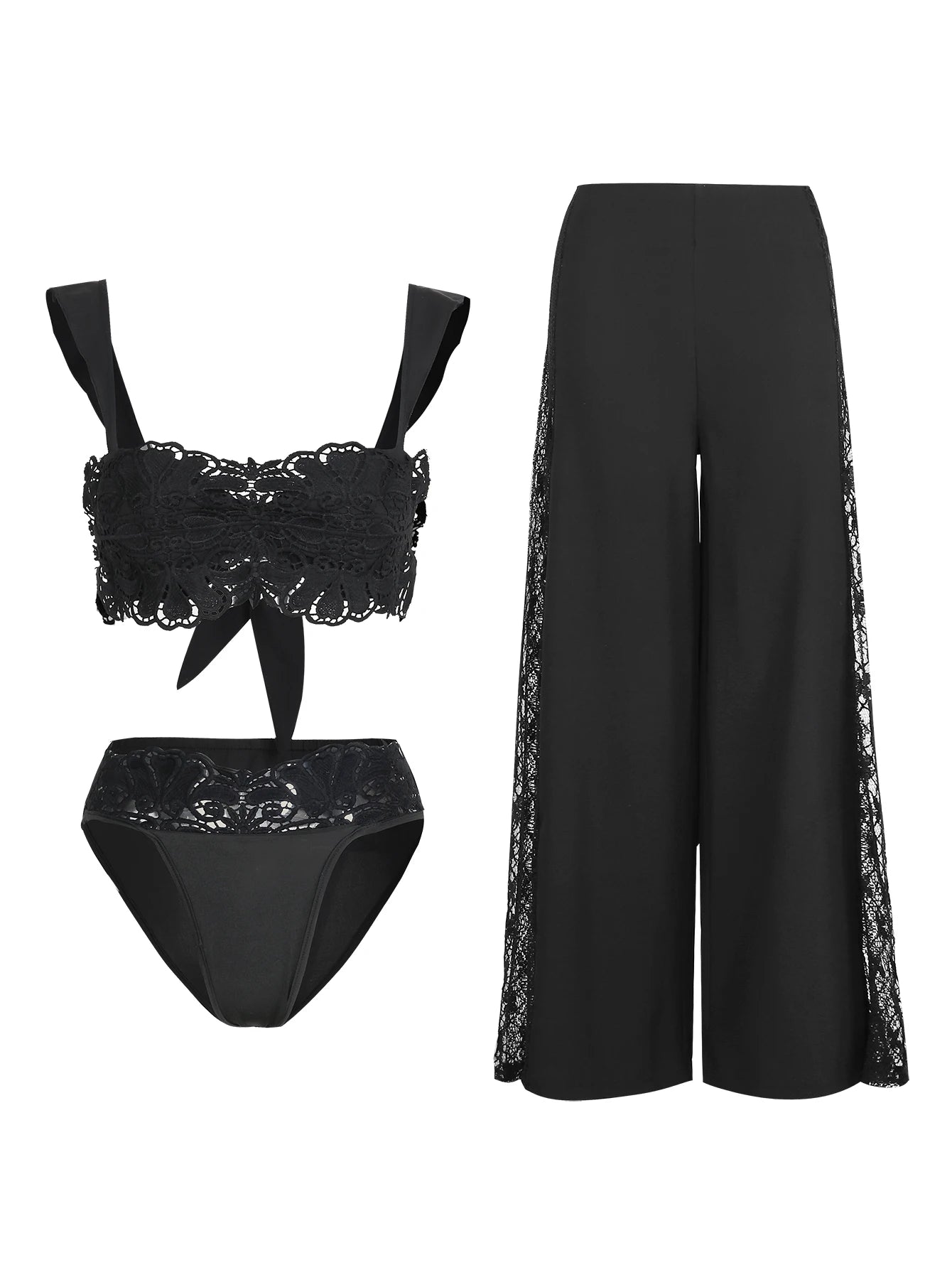 Lace Bikini & Hollow Side Wide Leg Pants