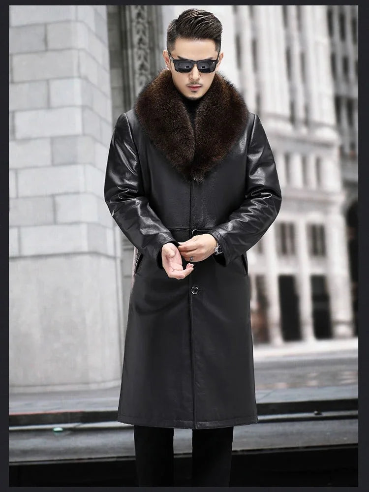 Genuine Leather Trench Coat Real Mink Fur Liner Big Fur Collar