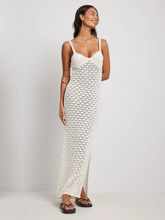 White Strap Hollow Knitted Maxi Dress