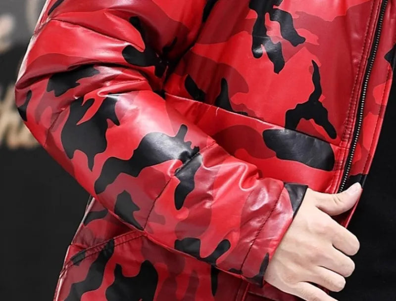 Red Camo Genuine Leather Down Coat