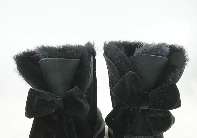 Genuine Leather Snow Boots Velvet Back Bow