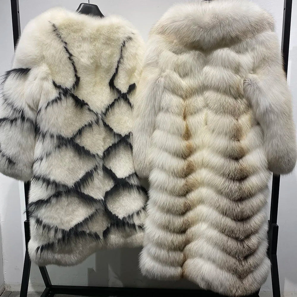 Pattern Real Fox Fur Coats X-Long Big Collar