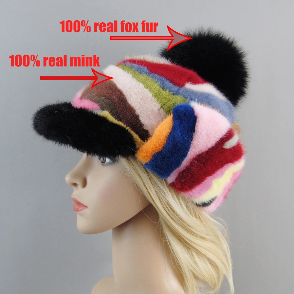 Colorful Real Mink Fur Bomber Hats Fur Pompom